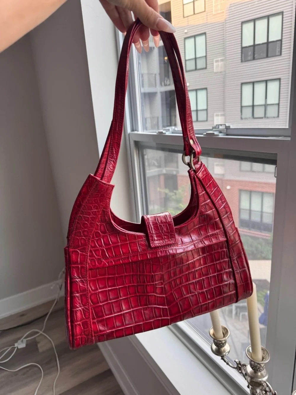 Red Croc-Embossed Shoulder Bag